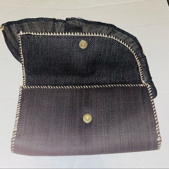 Woven Ruffle Clutch Black Straw Evening Bag Party Purse - Picture 7 of 10